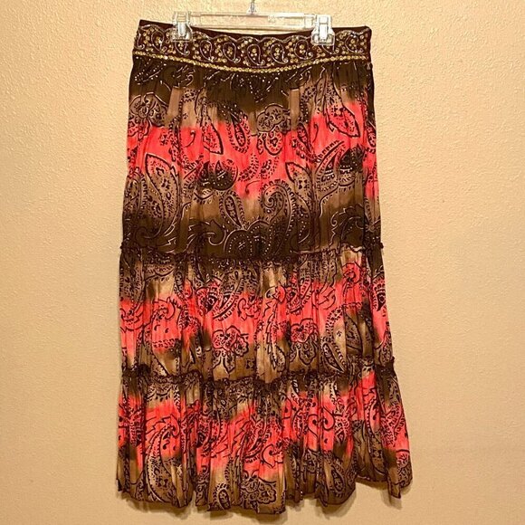 Metro 7 Dresses & Skirts - Metro7 Seven Brown Pink Paisley Sequin Beaded Midi Gypsy Skirt Missy Size 12